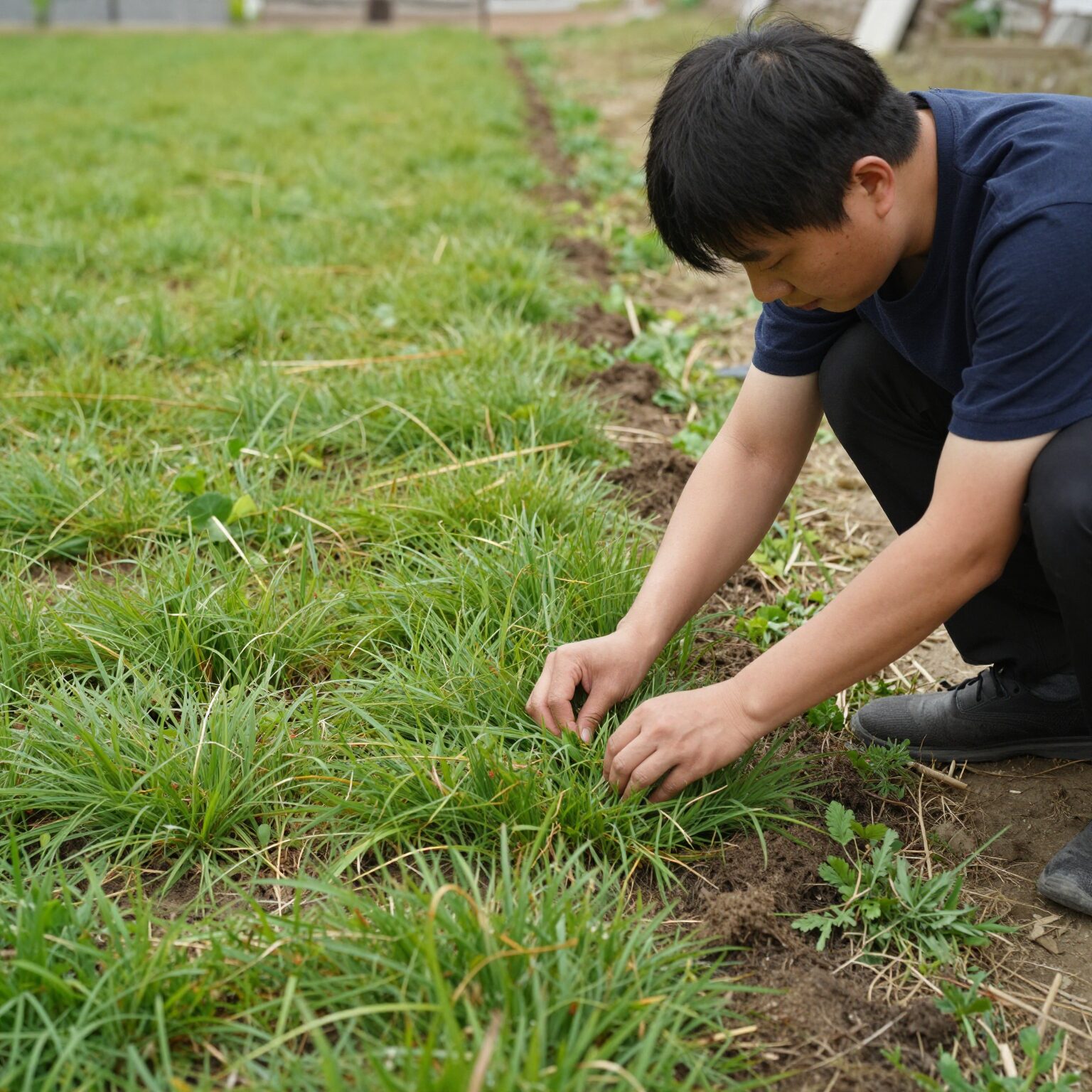 산소 봉분에 잔디를 겹쳐서 올리고 있는 과정