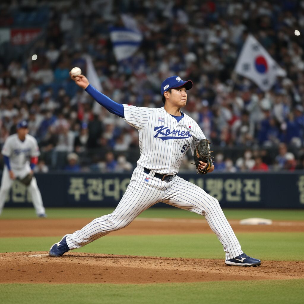 한국 야구 대표팀 선발 투수 손주영이 마운드에서 공을 던지는 모습