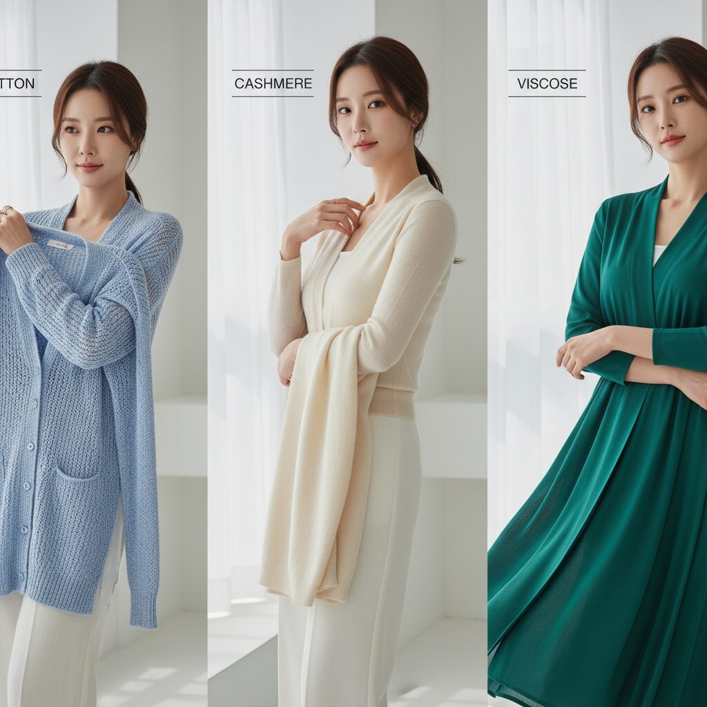 봄 가디건 소재별 특징 비교 이미지 면 캐시미어 비스코스