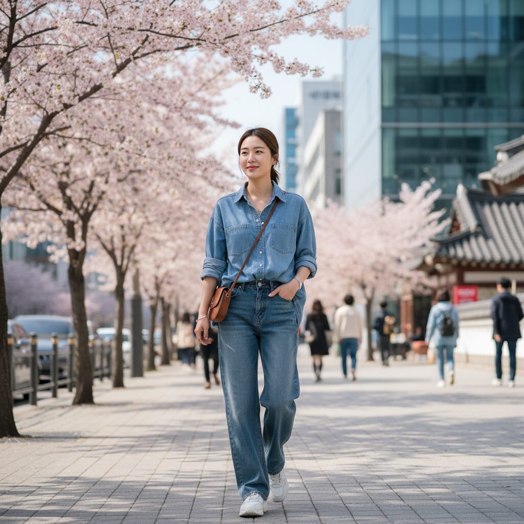 봄 데님 코디 예시 오버핏 셔츠와 와이드 청바지