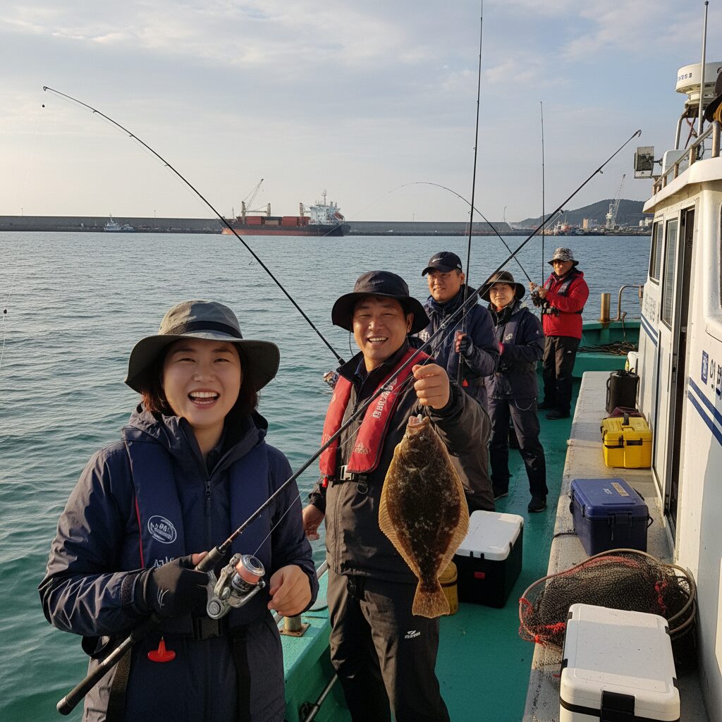 포항 신항만에서 도다리 낚시를 즐기는 모습, 배 위에서 낚싯대를 드리운 채웃는 사람들