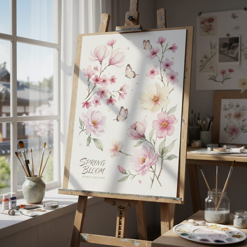 수채화 꽃과 나비가 있는 봄 분위기 포스터 디자인