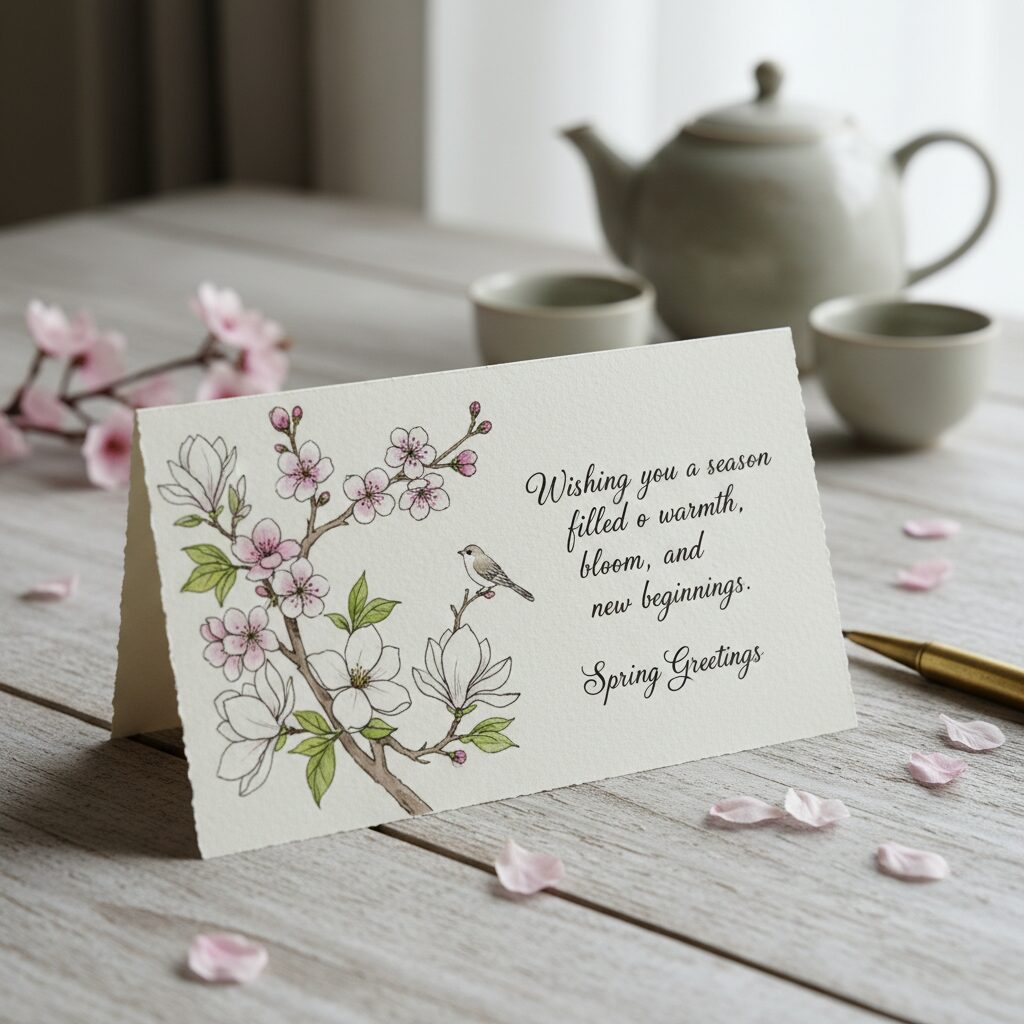 손으로 그린 꽃 그림과 함께 쓴 따뜻한 봄 인사 카드