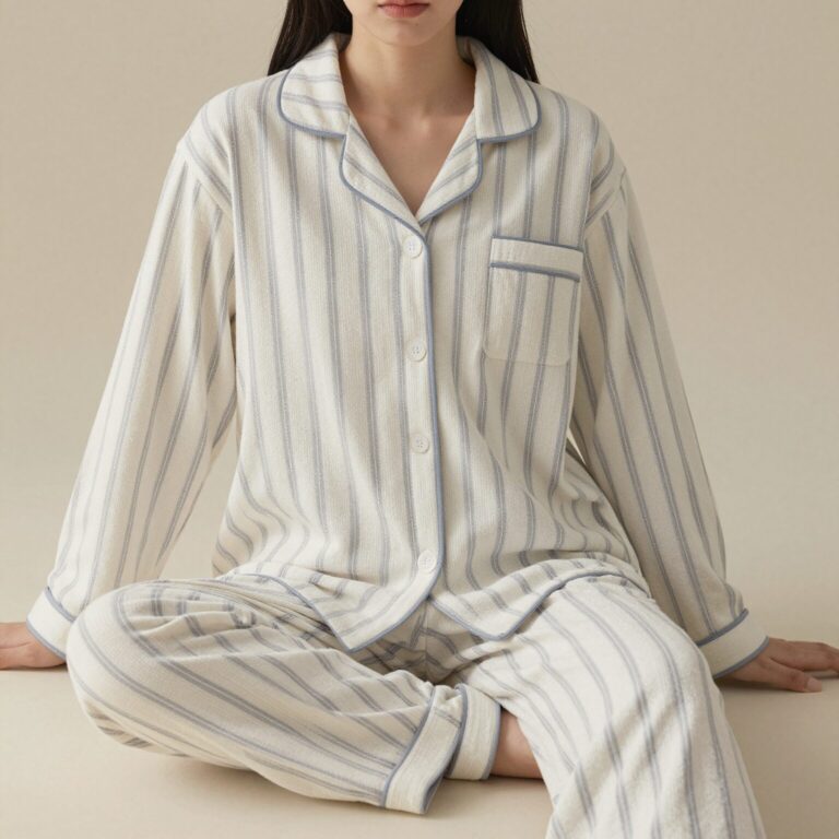 부드러운 소재의 스트라이프 긴팔 홈웨어 원피스를 입은 모습