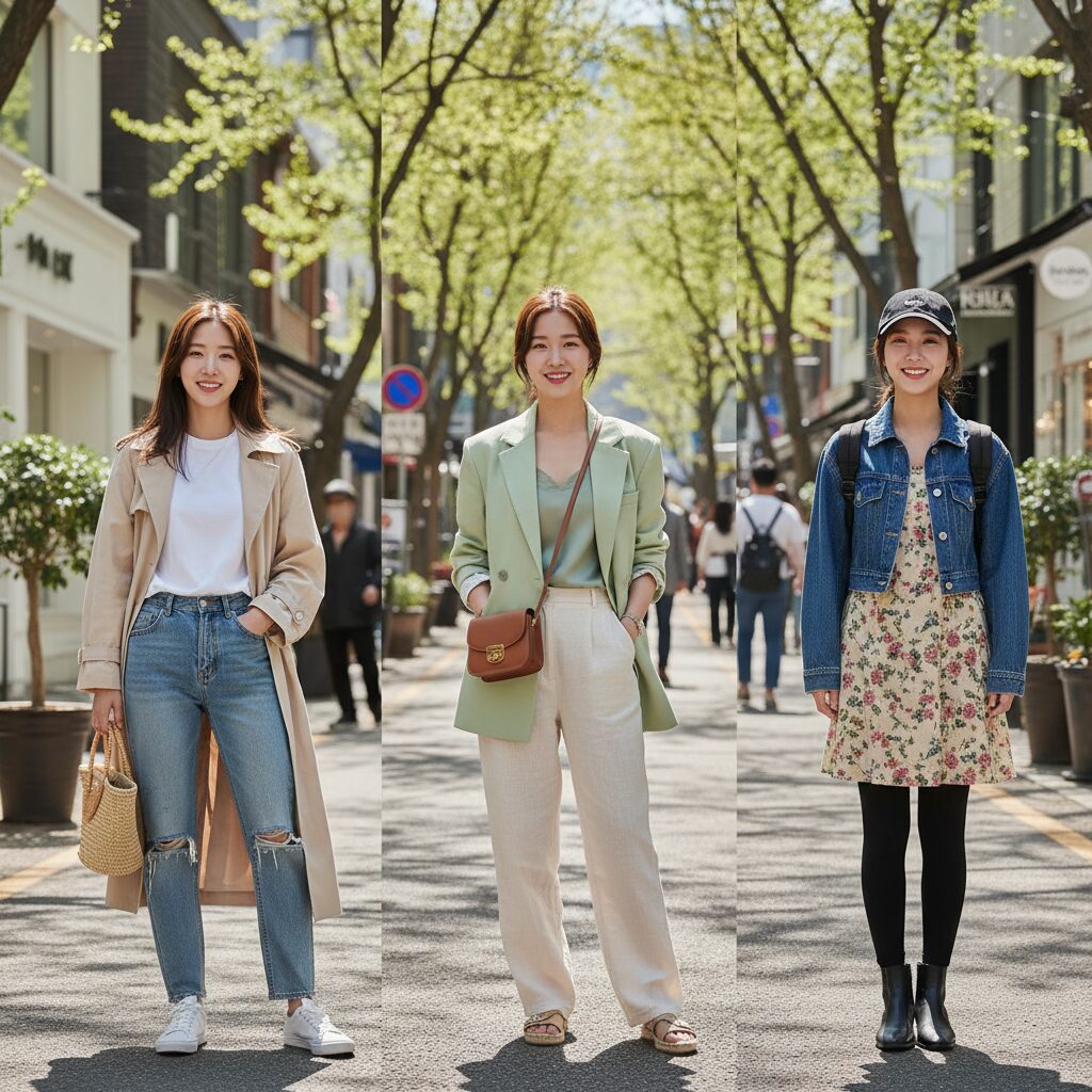 봄 아우터와 다양한 하의를 매치한 코디 예시