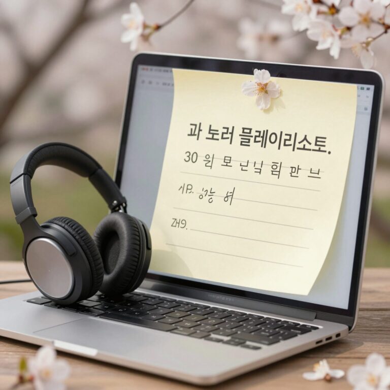 노트북과 헤드폰 옆에 피어나는 꽃과 봄 노래 플레이리스트가 적힌 메모지