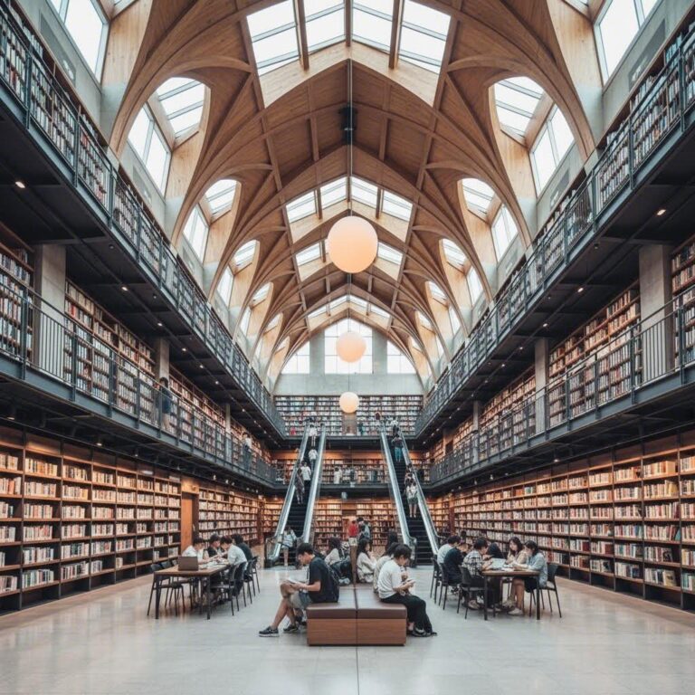 코엑스 별마당도서관의 높은 천장과 서가가 보이는 전경