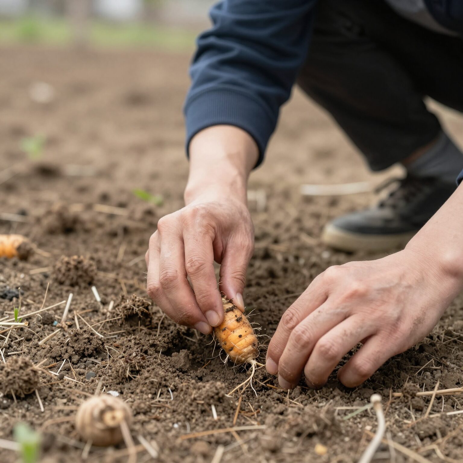 봄날 텃밭에 고구마 모종을 심는 사람의 손, 배경에 녹색 잎사귀