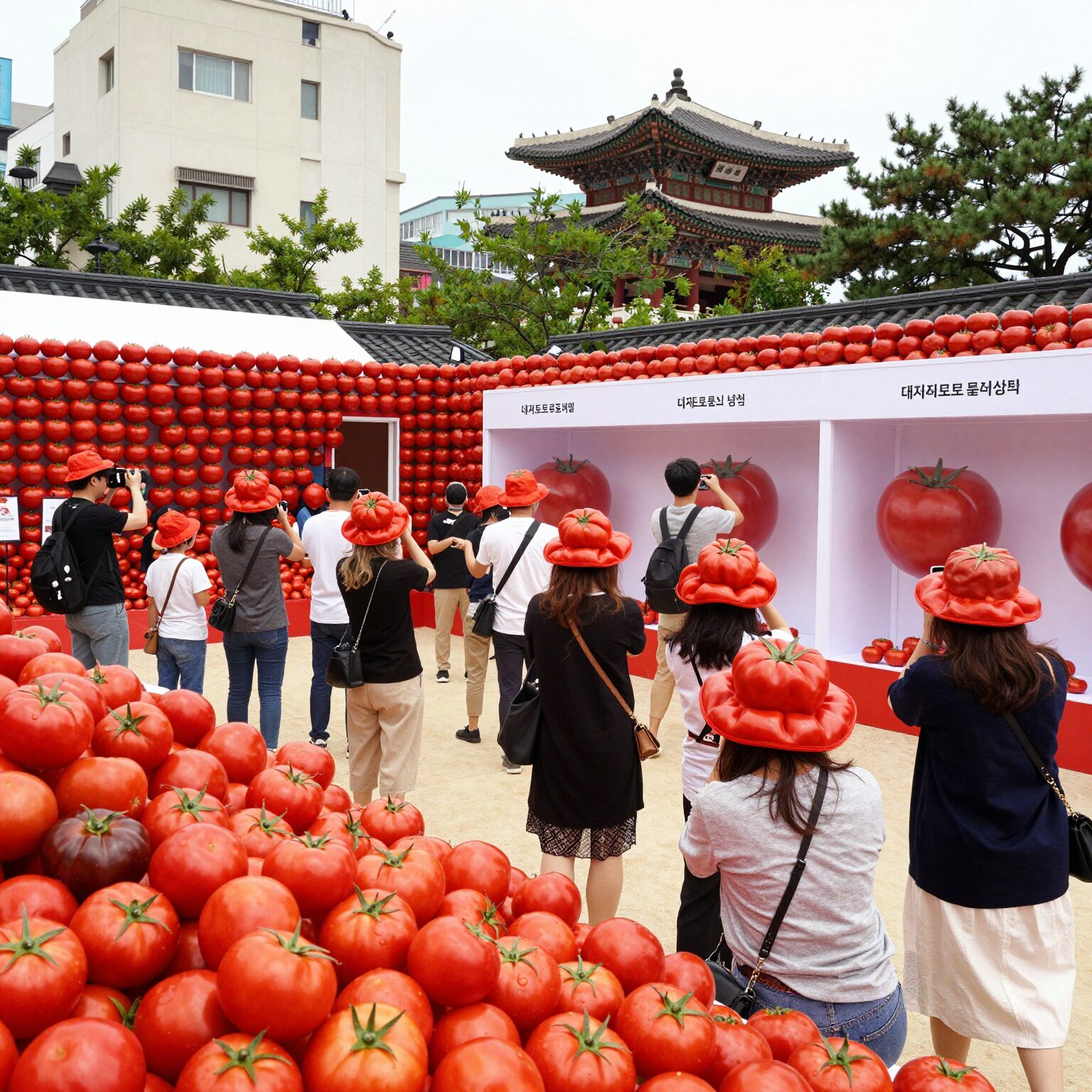 대저토마토축제 행사장 전경과 사람들, 토마토 모자를 쓴 방문객들이 포토존에서 사진을 찍고 있다