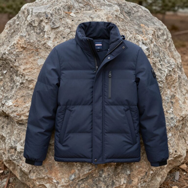 타미힐피거 네이비색 패커블 경량 패딩 점퍼가 파우치에 들어 있는 모습