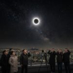 개기일식 최대기 때 관측되는 태양의 은빛 코로나와 별이 보이는 어두운 하늘