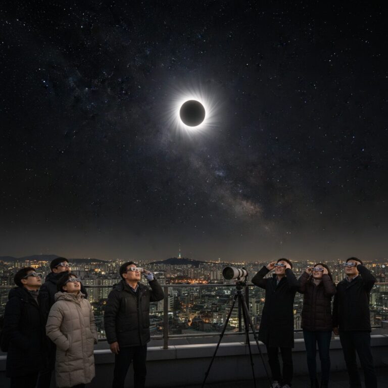 개기일식 최대기 때 관측되는 태양의 은빛 코로나와 별이 보이는 어두운 하늘