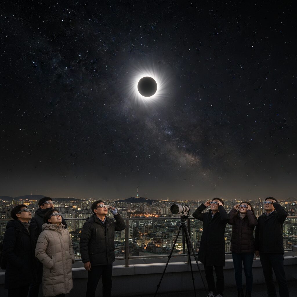 개기일식 최대기 때 관측되는 태양의 은빛 코로나와 별이 보이는 어두운 하늘