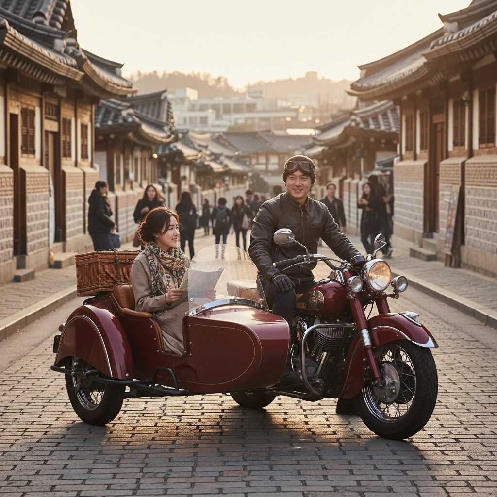 클래식 오토바이에 달린 사이드카의 모습