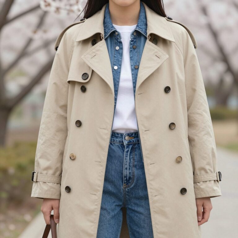 베이지 트렌치코트에 데님 청바지와 화이트 셔츠를 매치한 캐주얼한 4월 스타일링