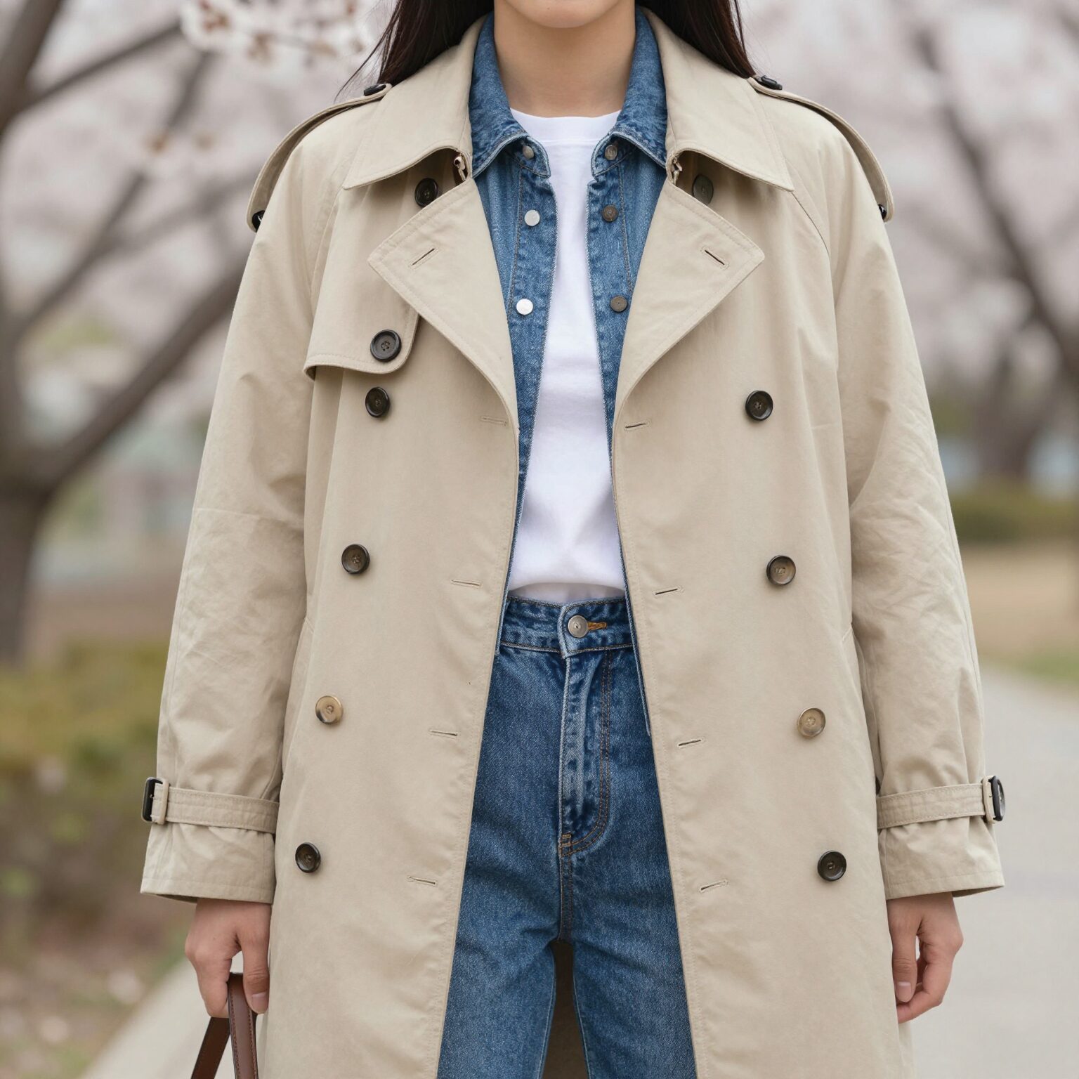 베이지 트렌치코트에 데님 청바지와 화이트 셔츠를 매치한 캐주얼한 4월 스타일링