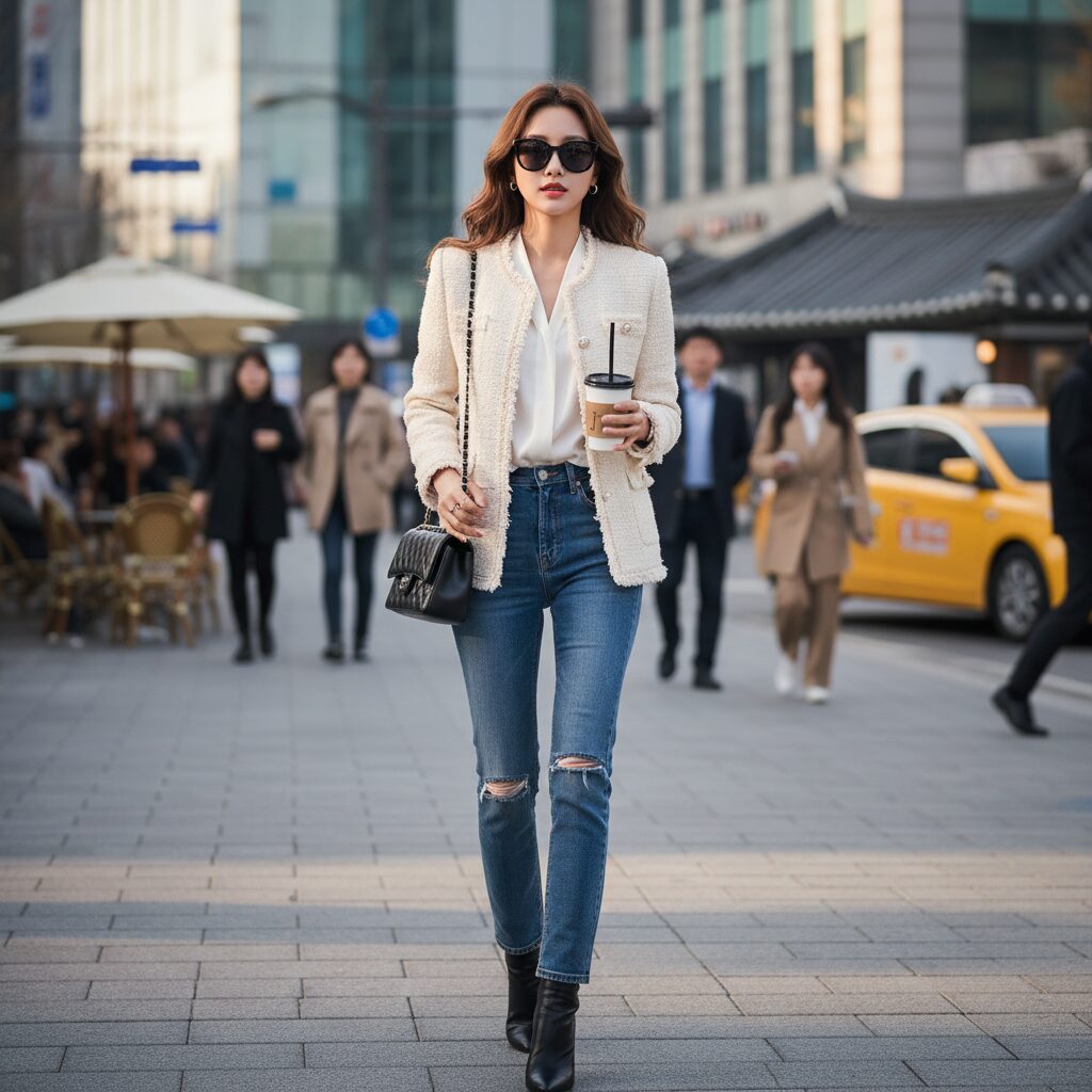 셀럽의 트위드 자켓 코디 예시 사진