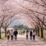 울산대공원 만개한 벚꽃길 분홍색 꽃나무 아래 산책로