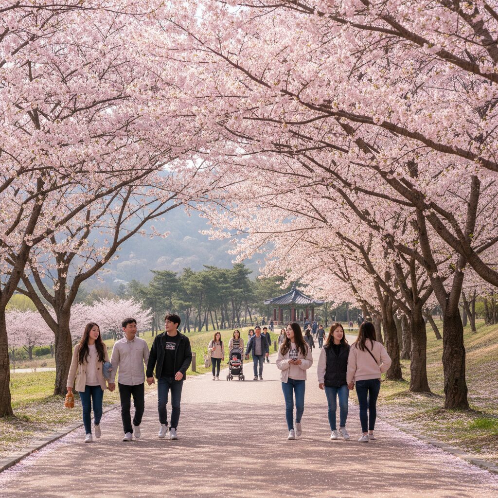 울산대공원 만개한 벚꽃길 분홍색 꽃나무 아래 산책로