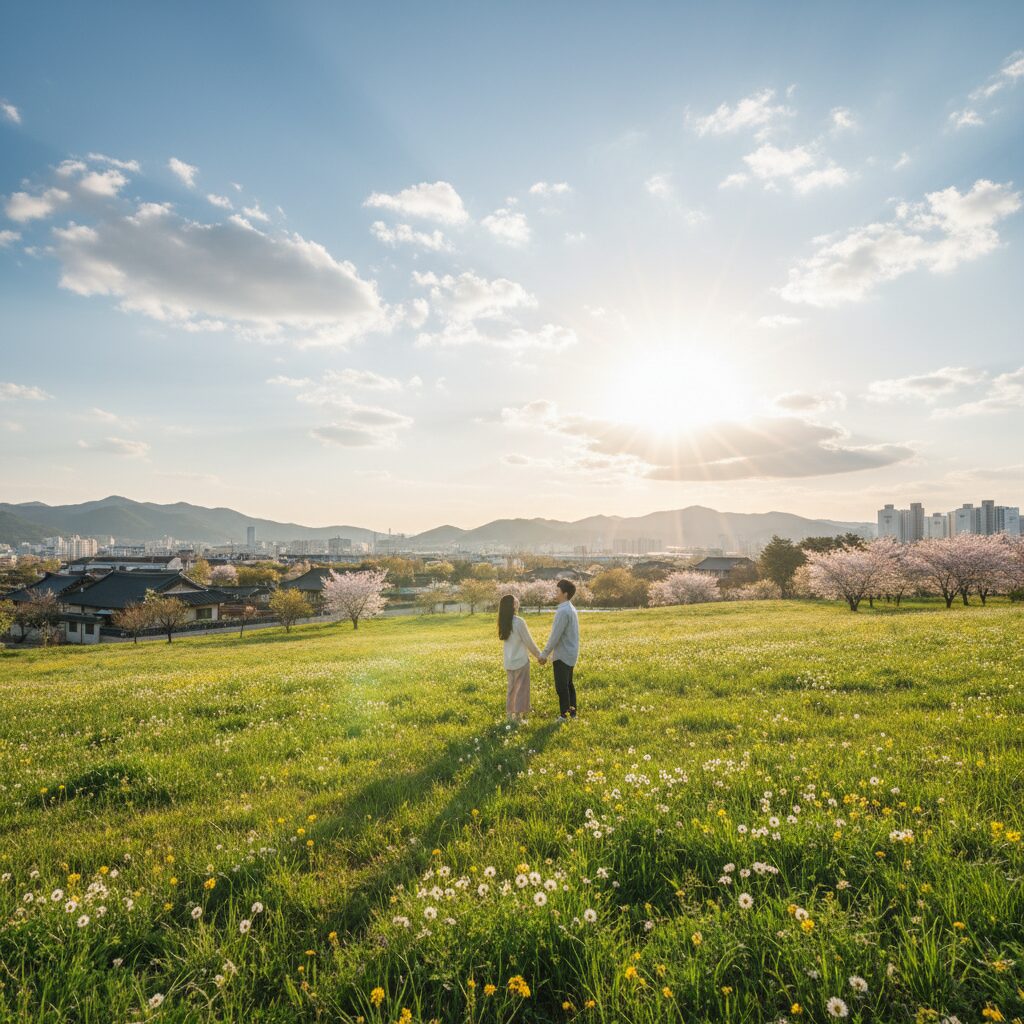 햇살이 따스하게 내리쬐는 봄 들판과 하늘에 떠 있는 태양 일러스트