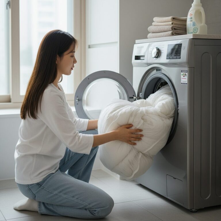 세탁망에 넣은 오리털 패딩을 세탁기에 넣는 모습