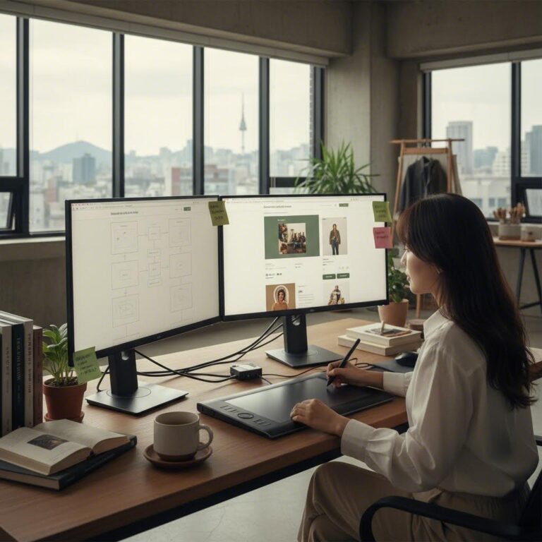 웹디자인 과정에서 사용자 경험을 고려한 와이어프레임과 디자인 시안 작업 이미지