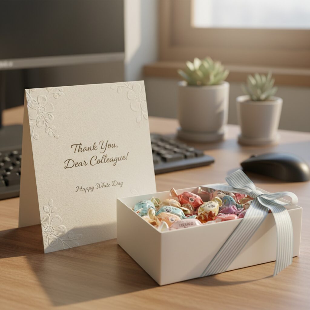 화이트데이에 동료에게 쓸 수 있는 감사 카드와 사탕 이미지