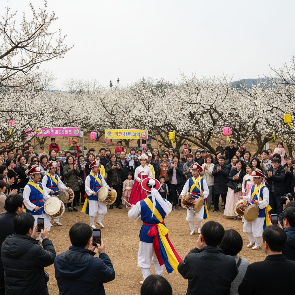 원동 매화축제 현장에서 풍물패 공연이 열리고 사람들이 구경하는 모습