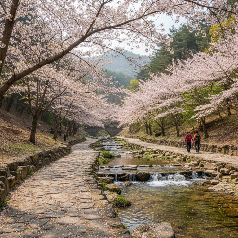 예래생태공원의 벚꽃이 핀 산책로와 계곡 풍경