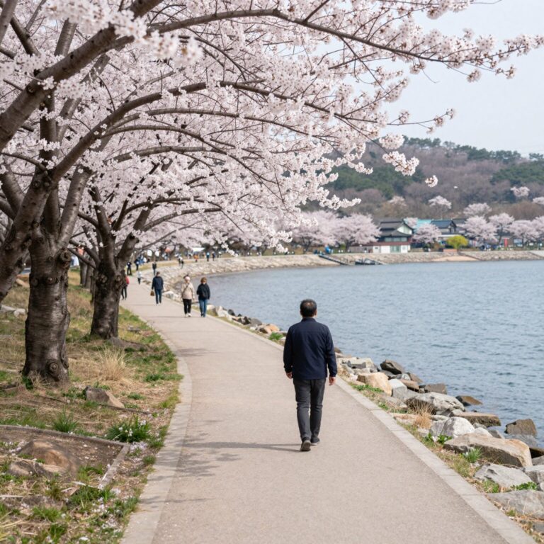 봄날 속초 영랑호 벚꽃 산책로와 호수 풍경