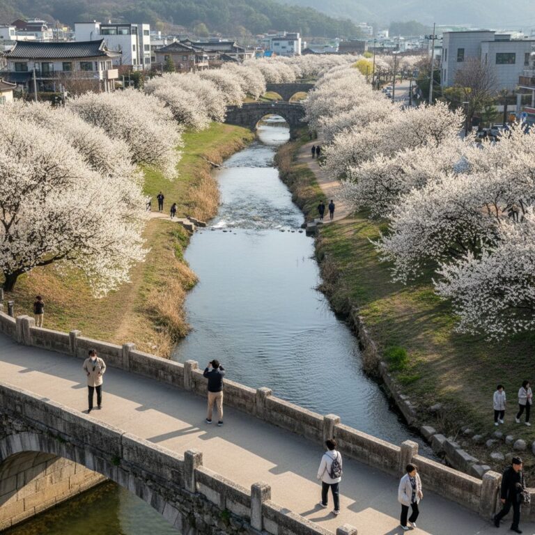 덕정교 위에서 내려다본 김해 율하천 하얀 매화 군락 풍경