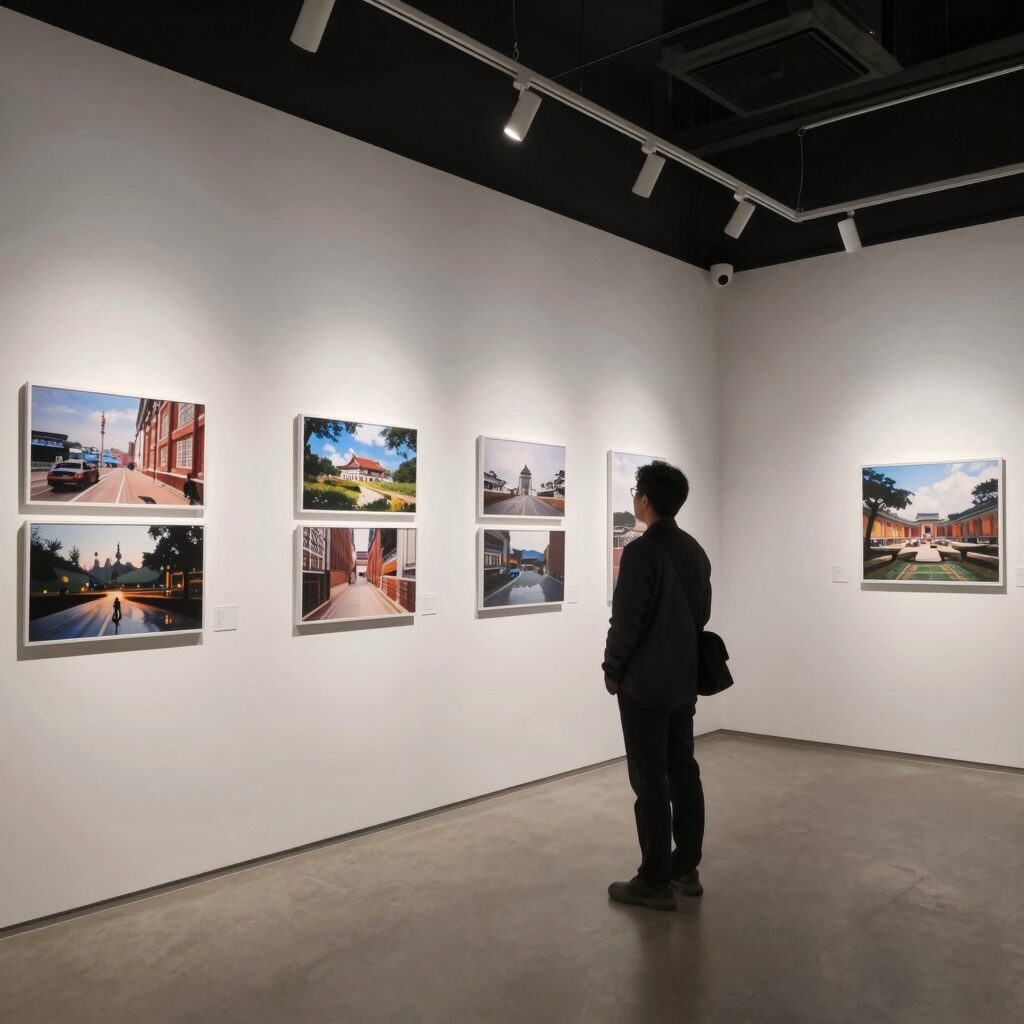 416재단 회억정원 보도사진전 전시장 내부 모습, 사진과 유품이 전시되어 있음