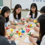 4.16생명안전교육원에서 봉사자들이 함께 종이꽃을 만들고 있는 모습