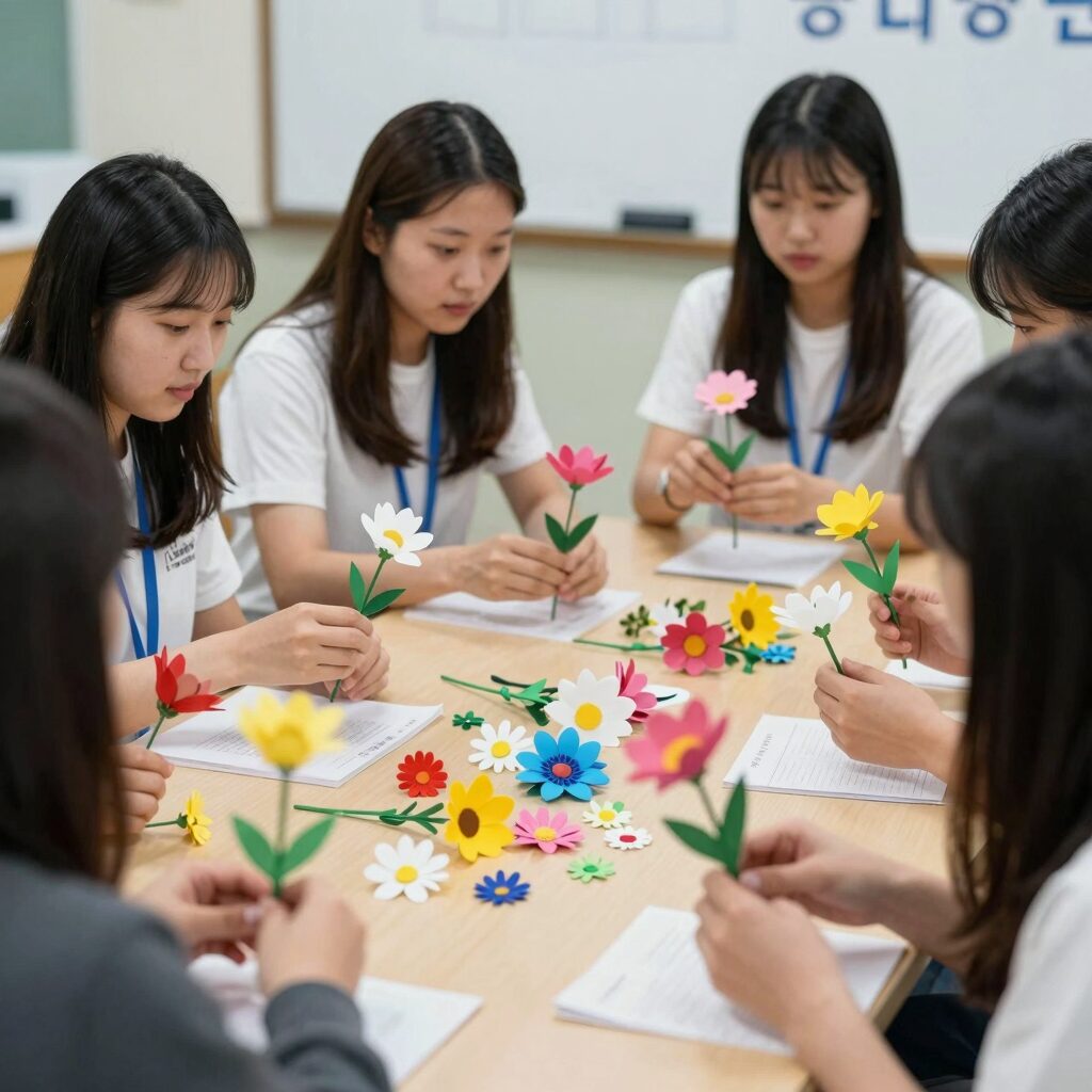 4.16생명안전교육원에서 봉사자들이 함께 종이꽃을 만들고 있는 모습