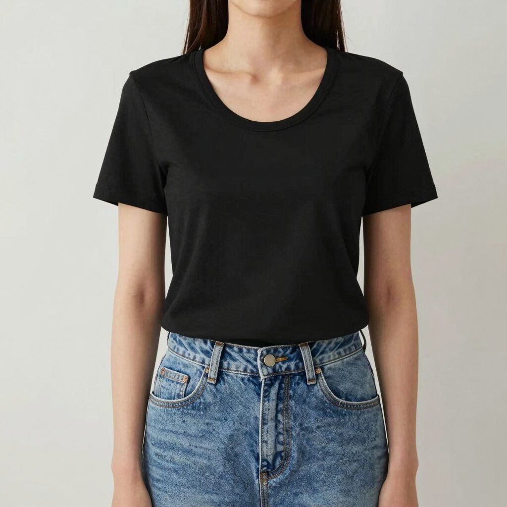 에이블앤코 U넥 반팔티셔츠를 입은 여성이 데님 팬츠와 매치한 캐주얼 데일리 룩