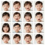챗GPT로 만든 아기 이모티콘 그리드 16개 표정 샘플