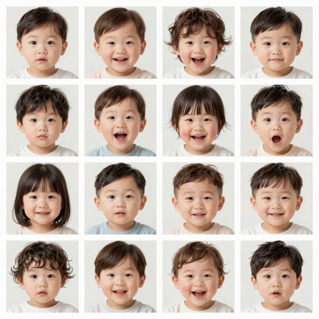 챗GPT로 만든 아기 이모티콘 그리드 16개 표정 샘플