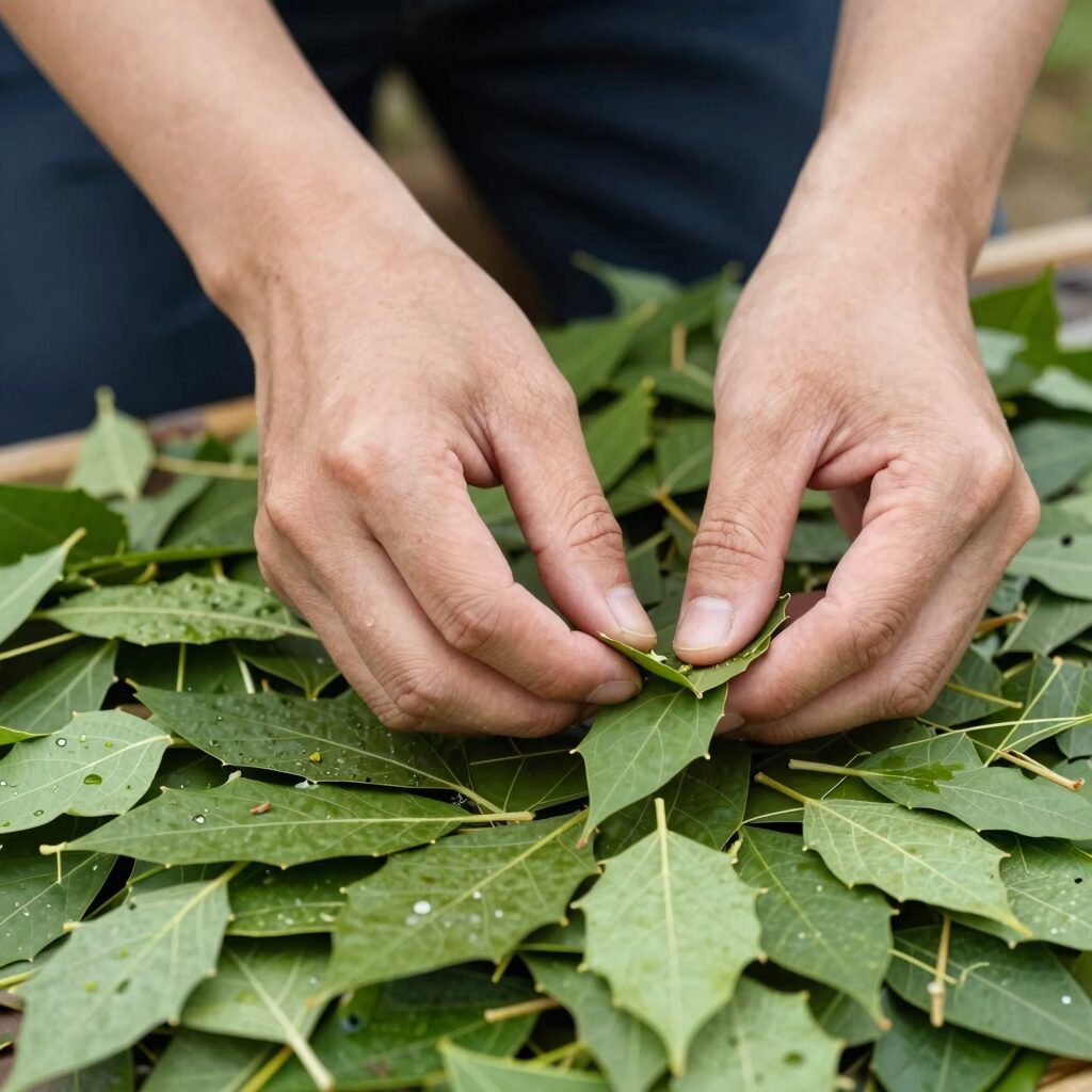 푸른 당귀잎을 손으로 살짝 뜯어 수확하는 모습