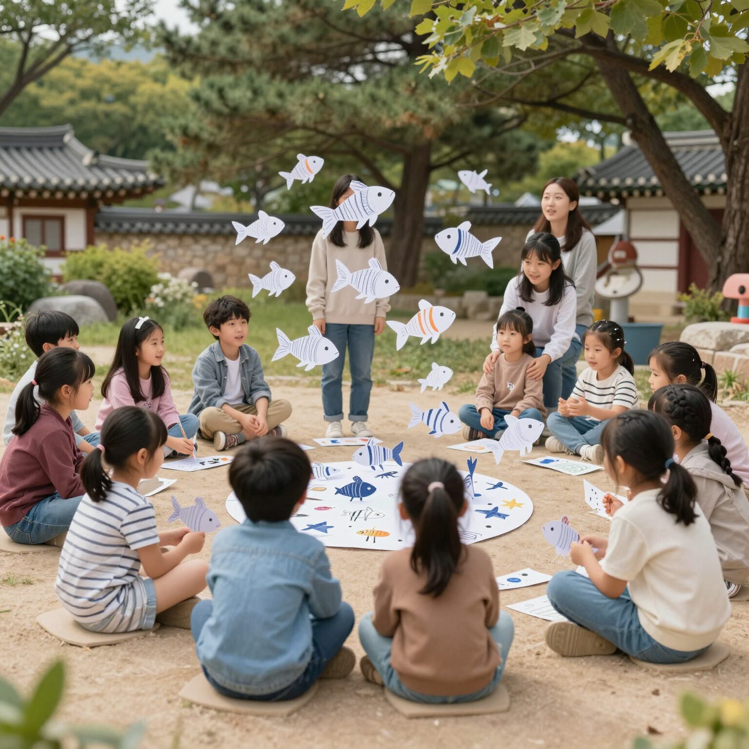 프랑스에서 아이가 친구 등에 종이 물고기를 붙이는 만우절 풍습 일러스트