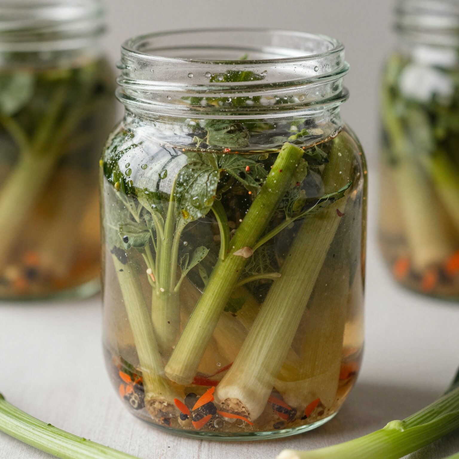 참두릅으로 만든 장아찌가 유리병에 담겨 있는 모습