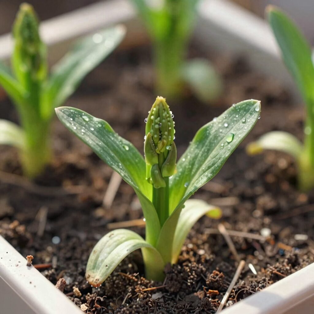 아스파라거스 모종이 깊은 화분에 심겨져 햇빛을 받고 있는 모습