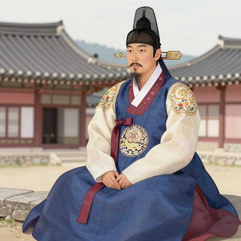 백제 고이왕의 업적을 설명하는 역사 자료와 관복을 입은 관리의 모습을 상상한 일러스트