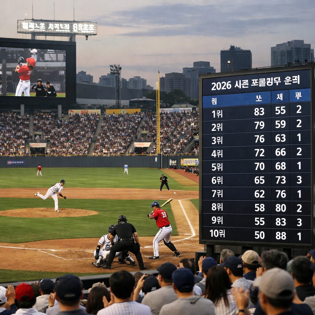 2026년 프로야구 경기장에서 펼쳐지는 열띤 경기 장면과 순위표