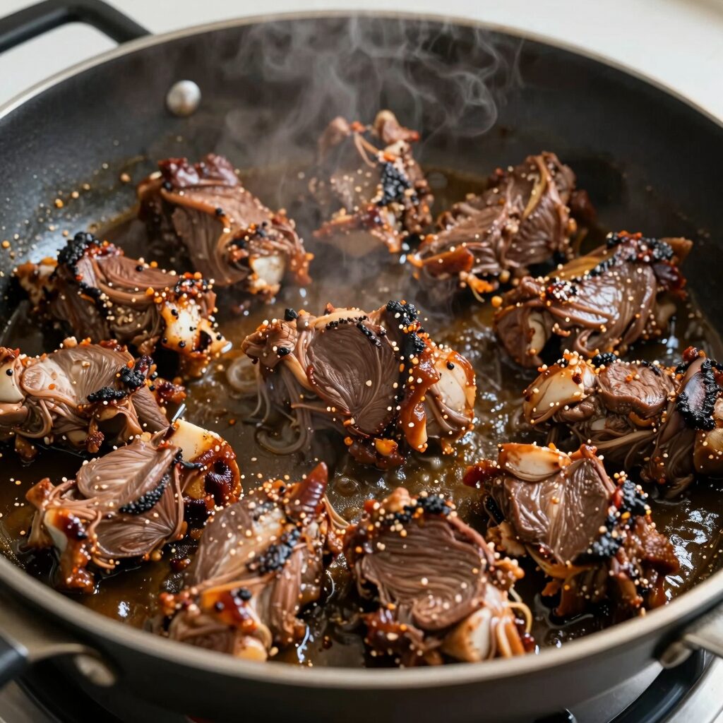 프라이팬에 비비고 돼지불고기를 볶고 있는 모습. 양념이 골고루 배어 군침 도는 갈색빛을 띠고 있다.