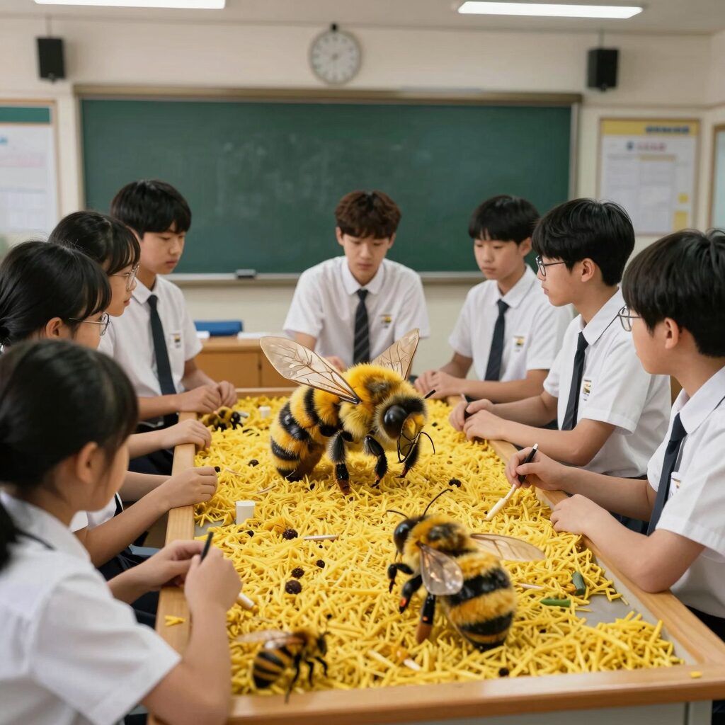 꿀벌 반티를 입은 학생들이 교정에서 단체 사진을 찍고 있는 모습