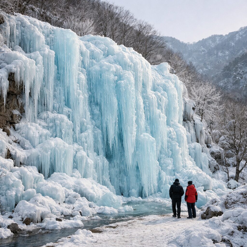 겨울철 대구 비슬산 얼음동산의 장관을 보여주는 사진, 푸른빛이 감도는 두꺼운 빙벽과 주변의 겨울 풍경