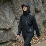 블랙야크 AWC NTX 라임펀치 컬러 여성 레인자켓을 입고 산책하는 모습