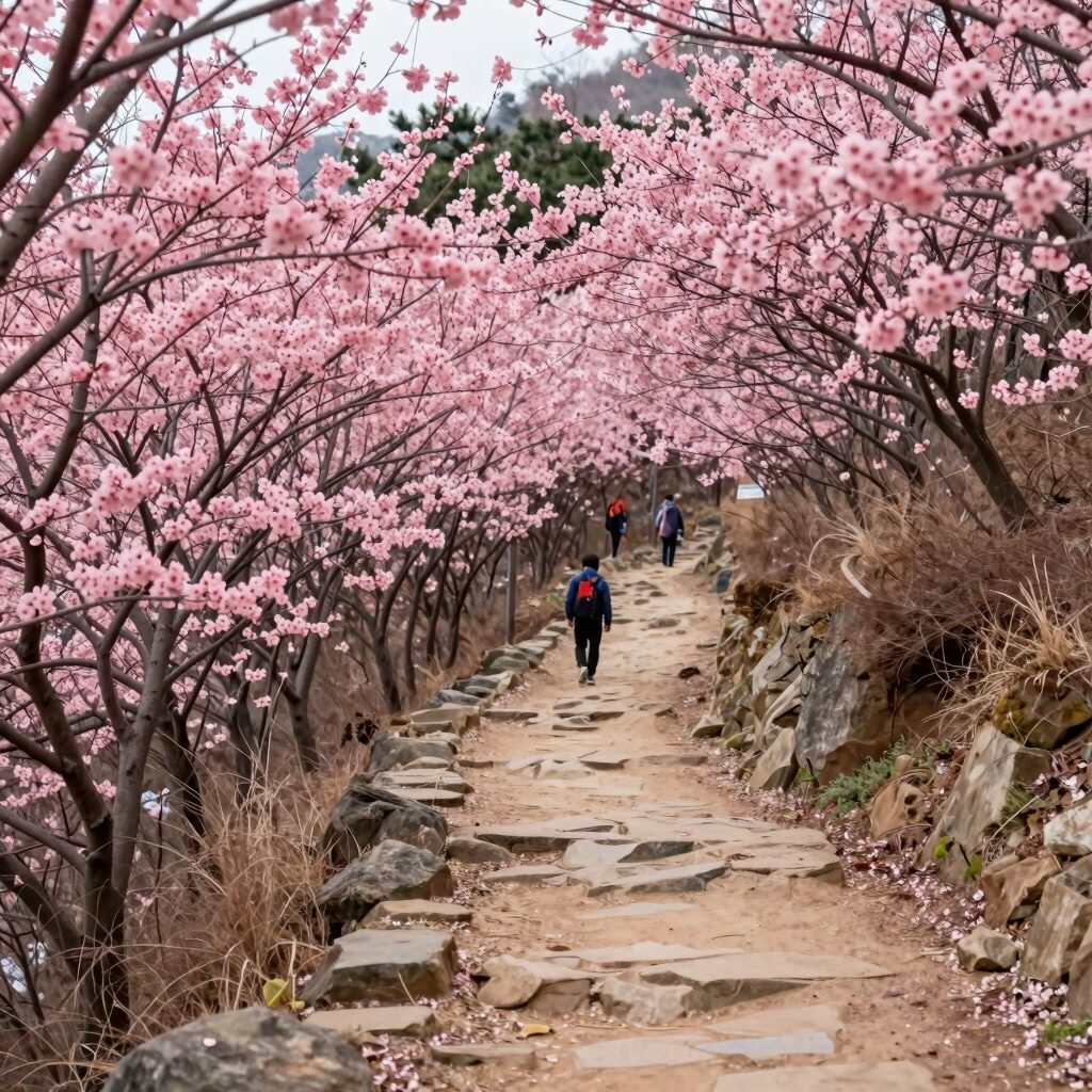남원 봉화산 철쭉 군락지 사이로 난 등산로, 양쪽에 핑크색 철쭉 꽃이 만개한 모습