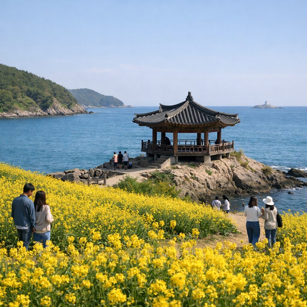 부안 수성당 유채꽃밭과 푸른 바다가 함께 보이는 봄 풍경
