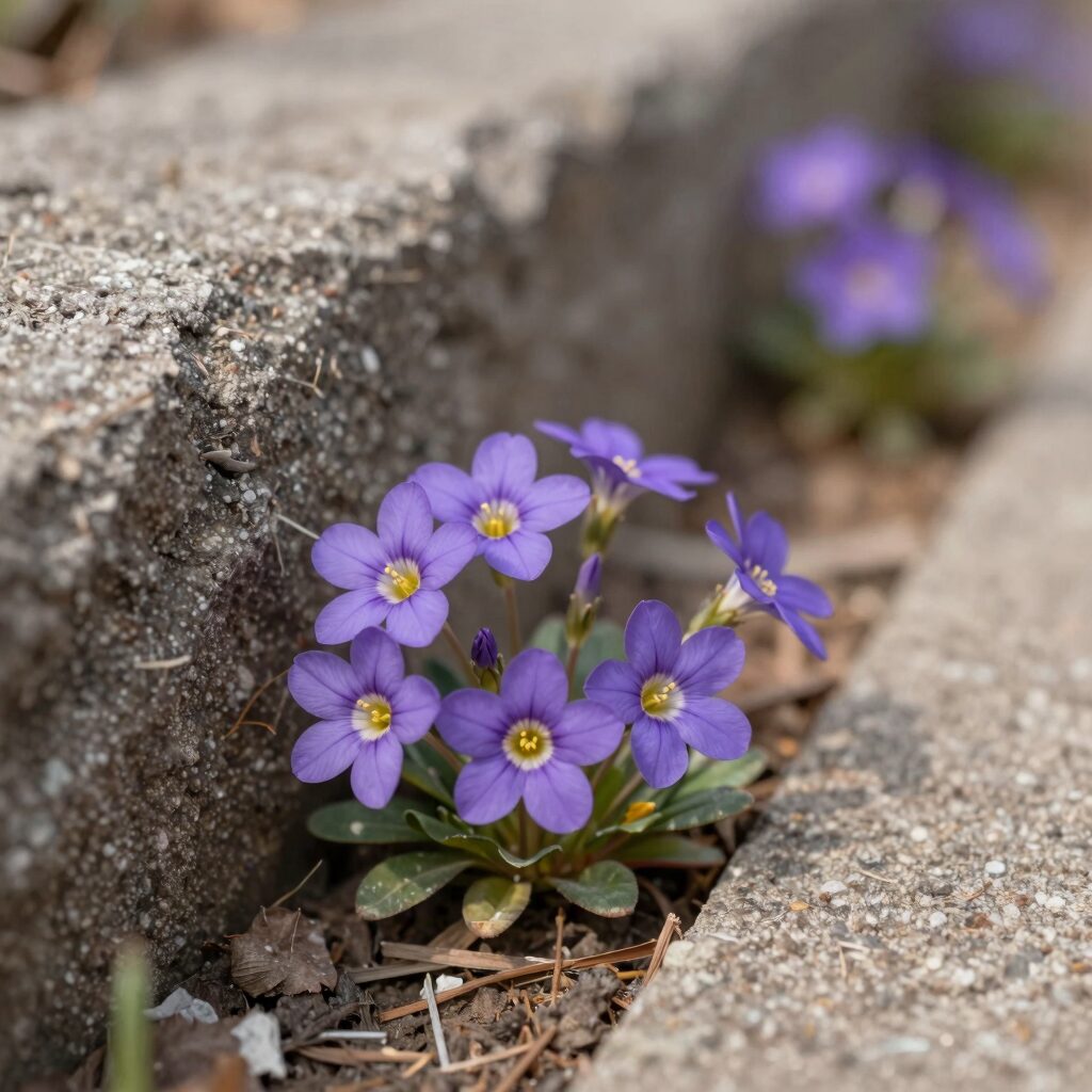 돌담 틈에서 자라는 보라색 금창초 꽃